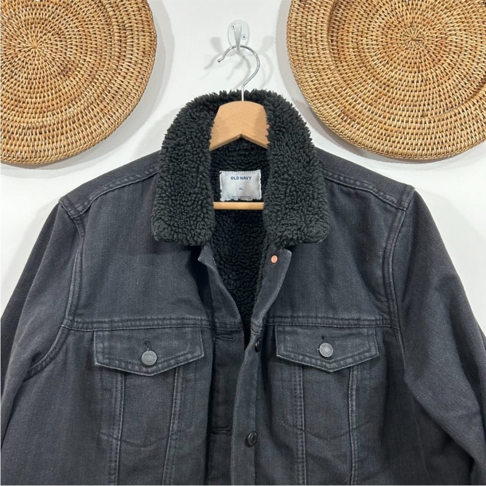 Old Navy Neutral Black Button Up Collared Fleece Lined Denim Jean Jacket XL